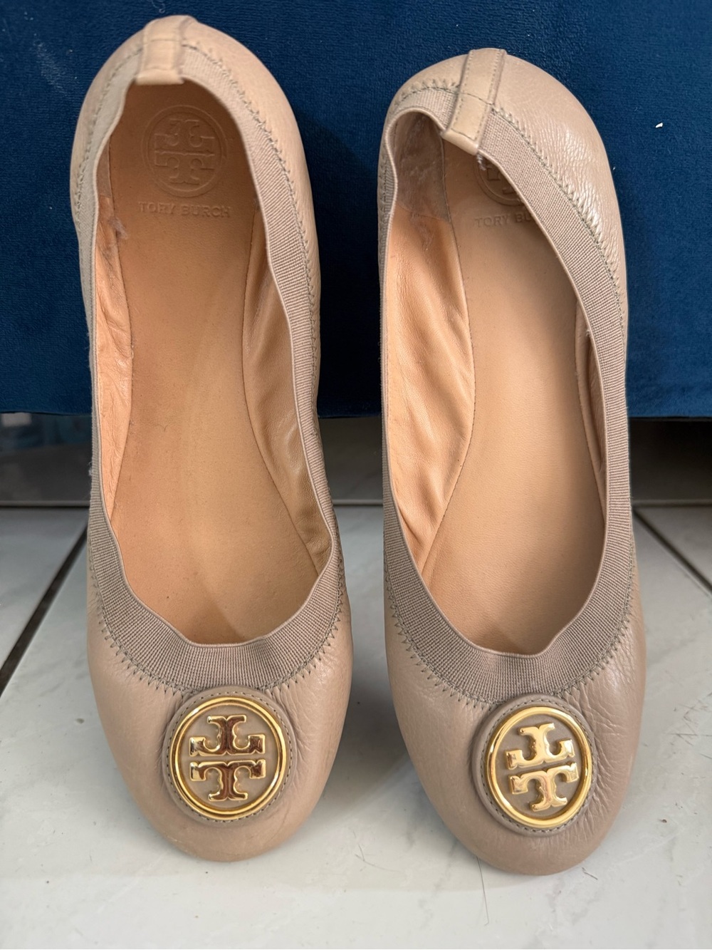 Tory Burch Taupe Leather Logo Ballet Flats with Gold Medallions